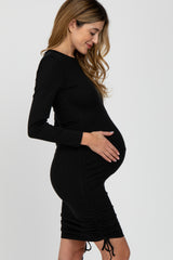 Black Ribbed Long Sleeve Ruched Maternity Dress