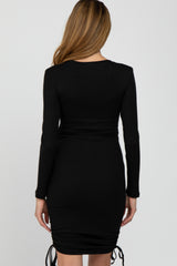 Black Ribbed Long Sleeve Ruched Maternity Dress