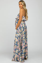 Blue Floral Strapless Ruffle Front Maternity Maxi Dress