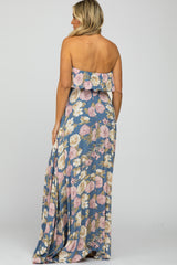 Blue Floral Strapless Ruffle Front Maternity Maxi Dress