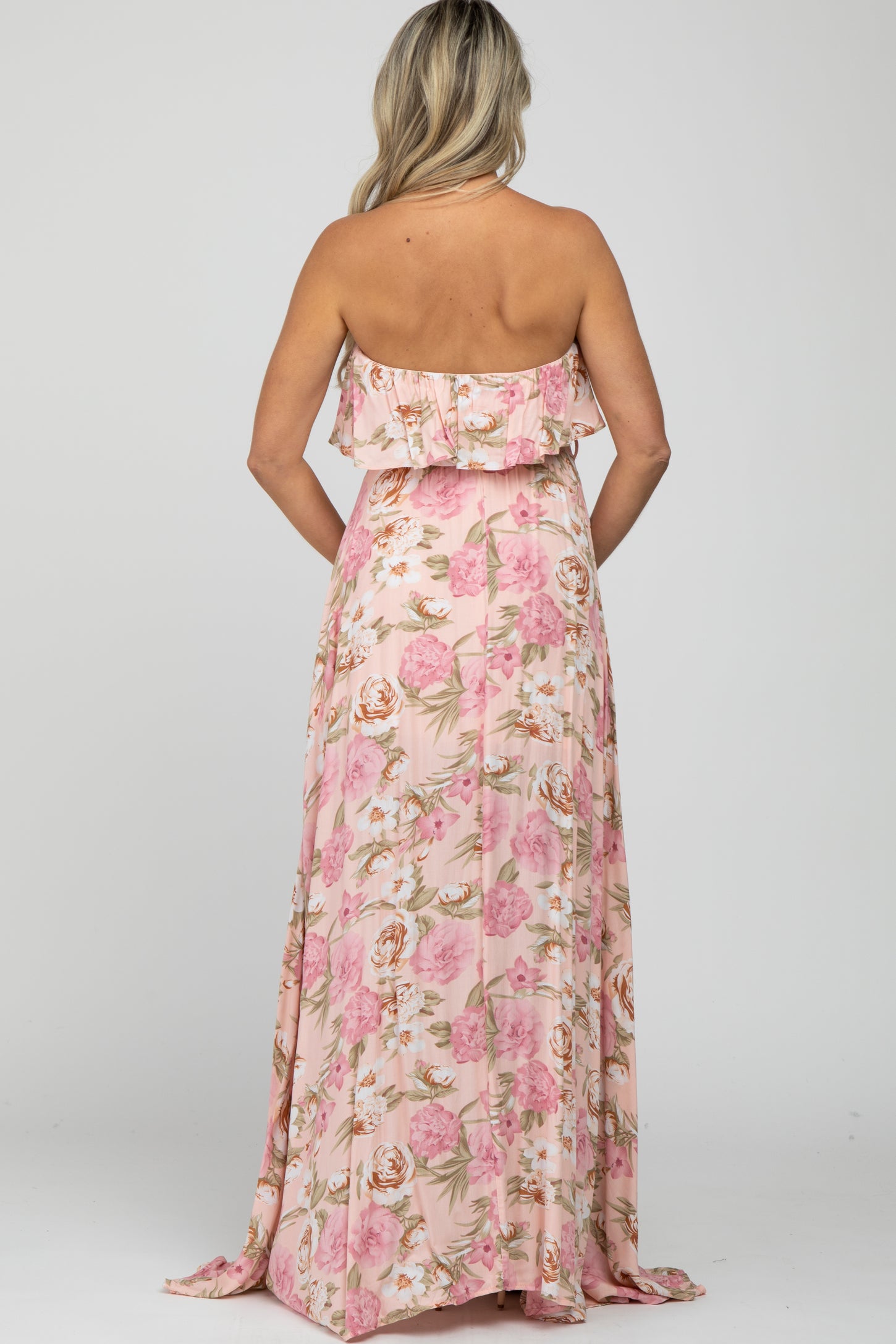 Pink Floral Strapless Ruffle Front Maternity Maxi Dress PinkBlush Pink Floral Strapless Ruffle Front Maternity Maxi Dress PinkBlush