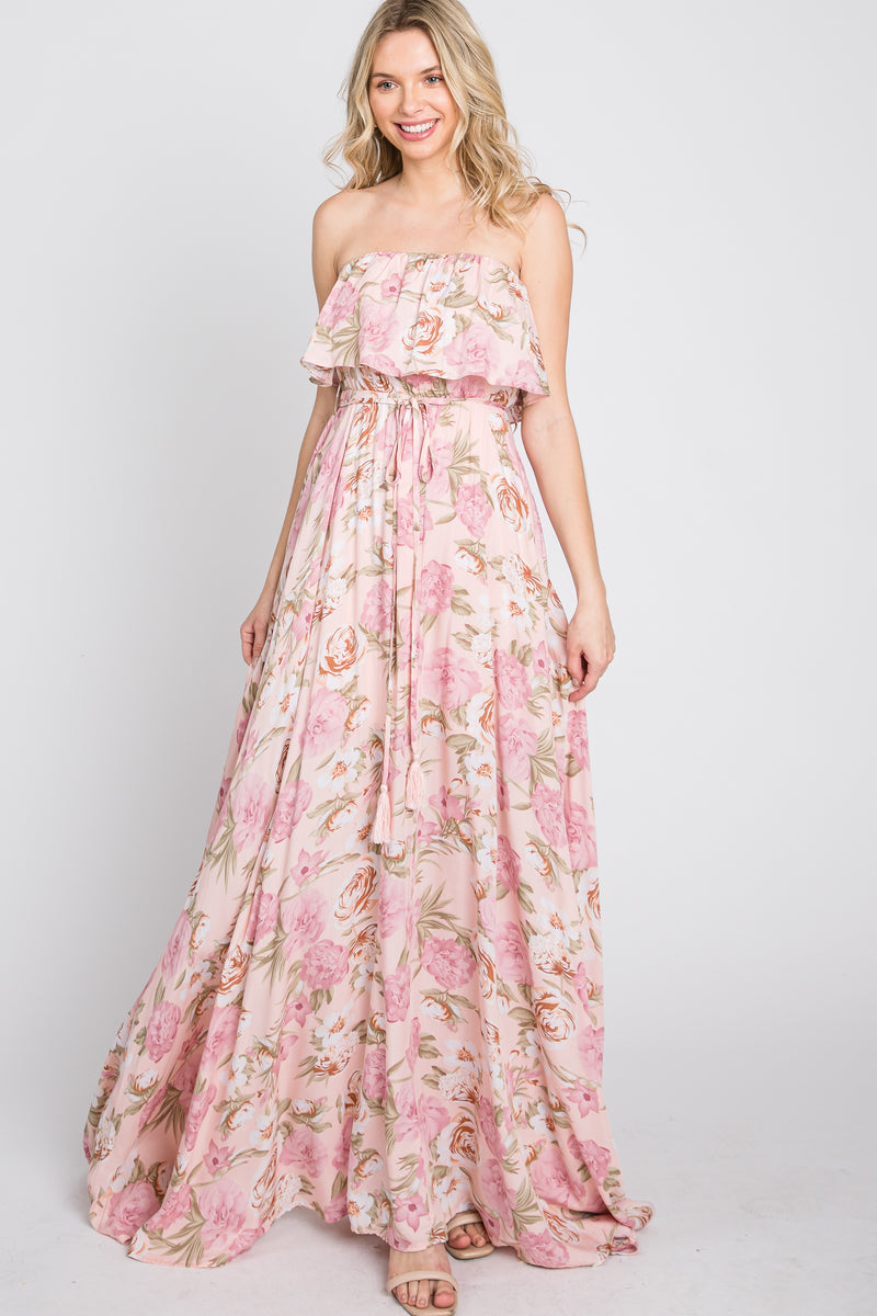 Pink Floral Strapless Ruffle Front Maxi Dress– PinkBlush