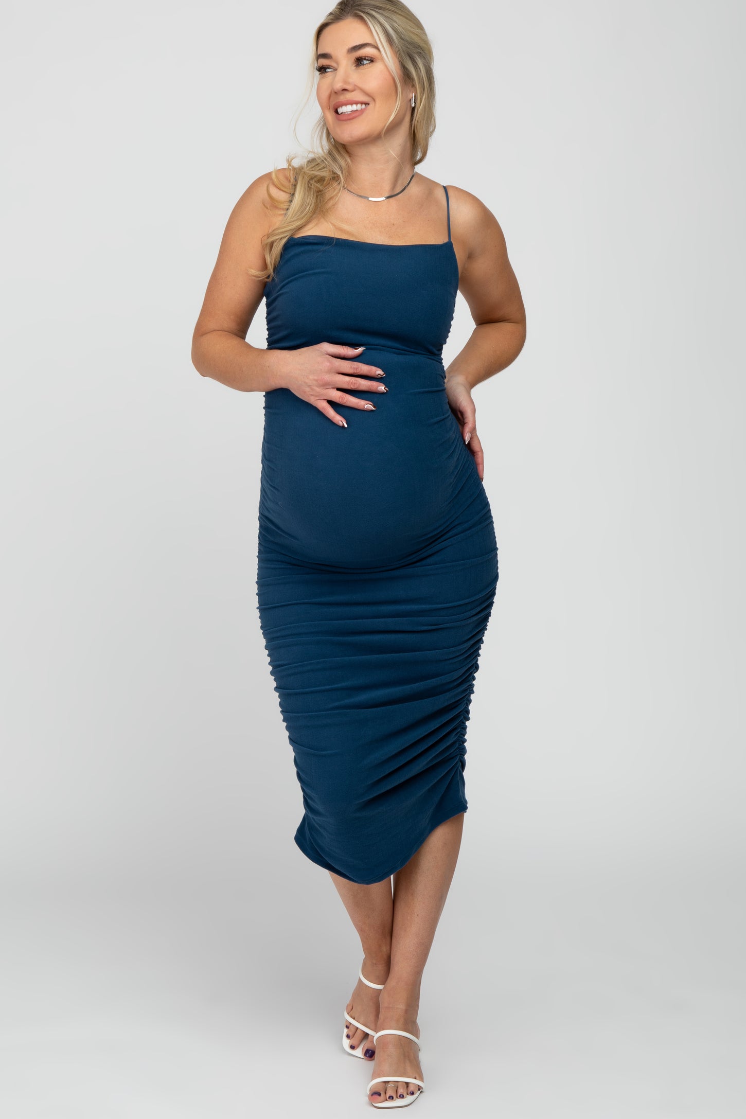 Dark Teal Ruched Fitted Maternity Dress
