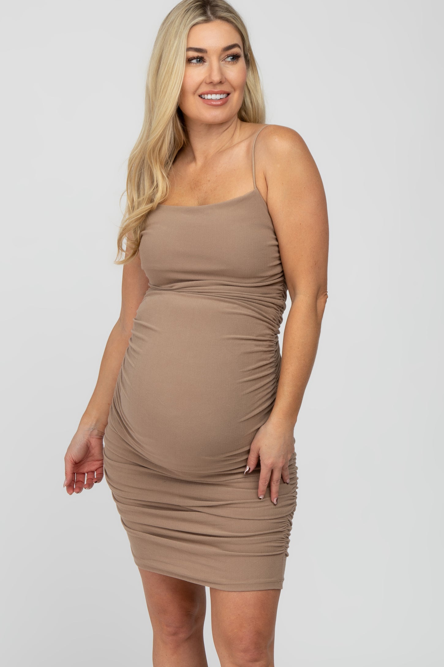 Taupe Ruched Fitted Maternity Dress