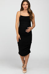 Black Ruched Fitted Maternity Dress