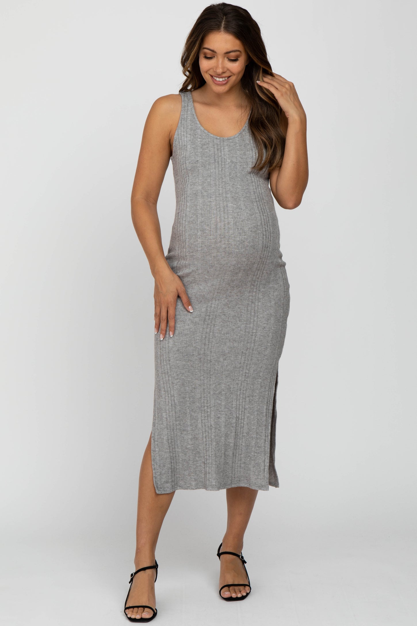Heather Grey Sleeveless Ribbed Side Slit Maternity Dress