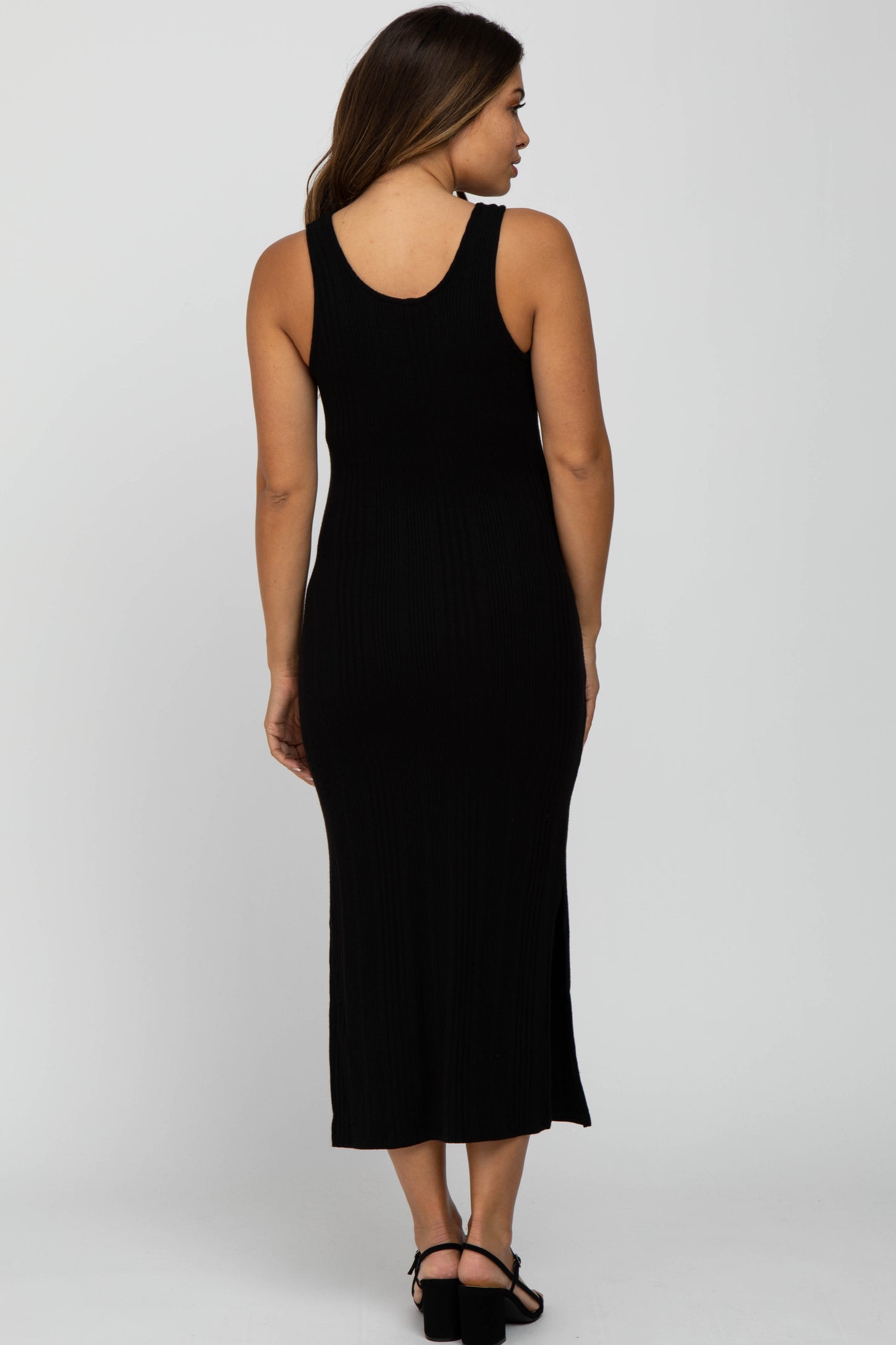 Black Sleeveless Ribbed Side Slit Maternity Dress