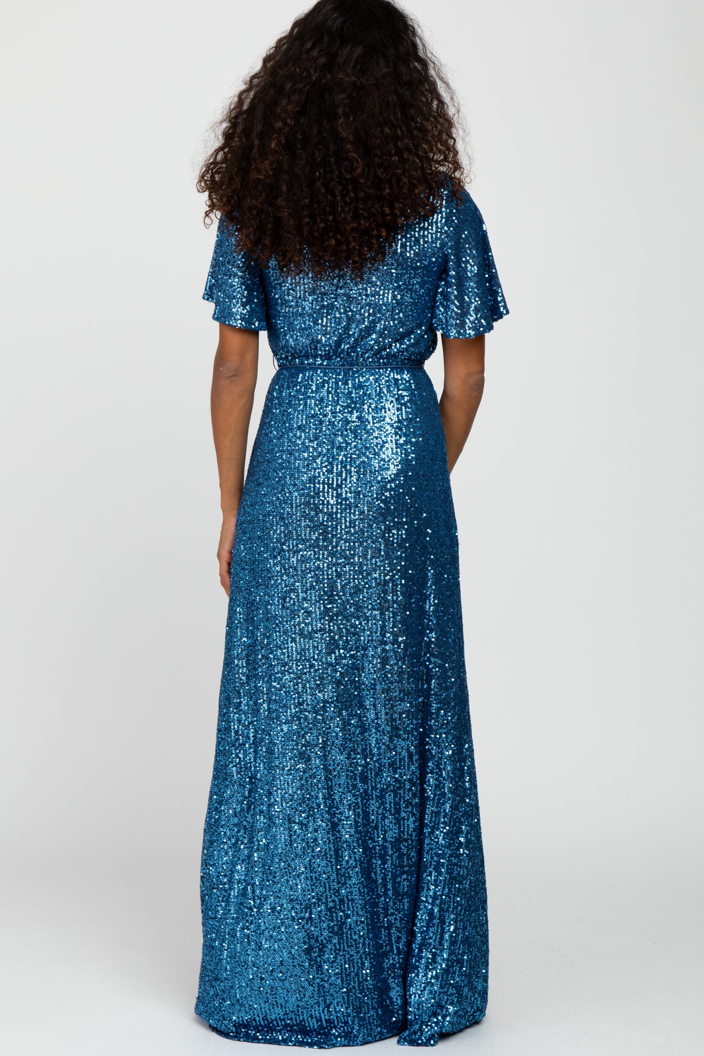 Blue Sequin Short Sleeve Maxi Dress