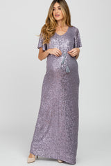 Lavender Sequin Short Sleeve Maternity Maxi Dress