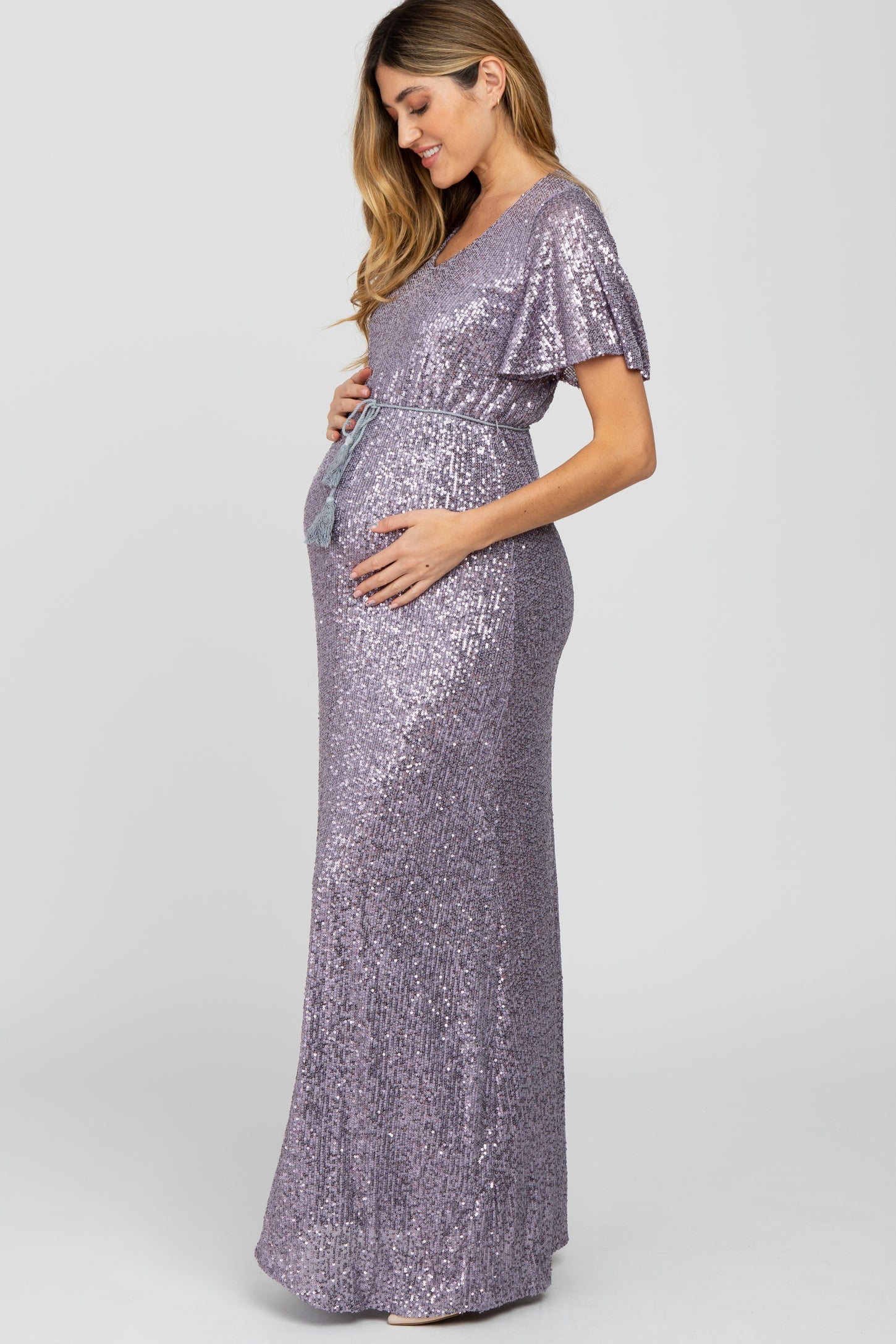 Lavender Sequin Short Sleeve Maternity Maxi Dress