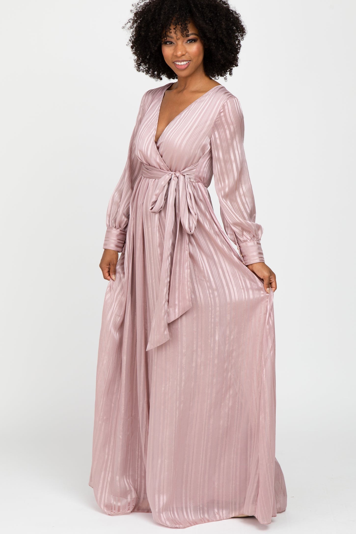 Pink Striped Shimmer Chiffon Maxi Dress