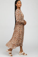 Brown Floral Pleated Skirt Midi Dress