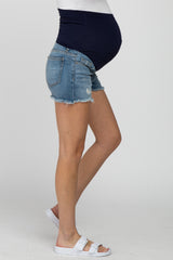 Blue Distressed Fringe Hem Maternity Jean Shorts