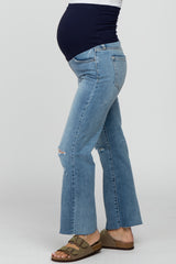 Blue Straight Leg Frayed Hem Maternity Jeans