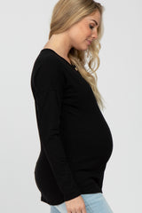 Black Slub Knit Maternity Henley Top