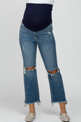 Blue Frayed Wide Leg Cropped Maternity Jeans