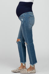 Blue Frayed Wide Leg Cropped Maternity Jeans