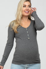 Charcoal Ribbed Button Accent Maternity Top
