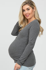 Charcoal Ribbed Button Accent Maternity Top