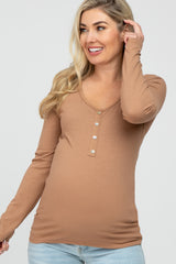 Mocha Ribbed Button Accent Maternity Top