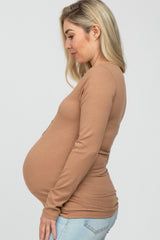 Mocha Ribbed Button Accent Maternity Top