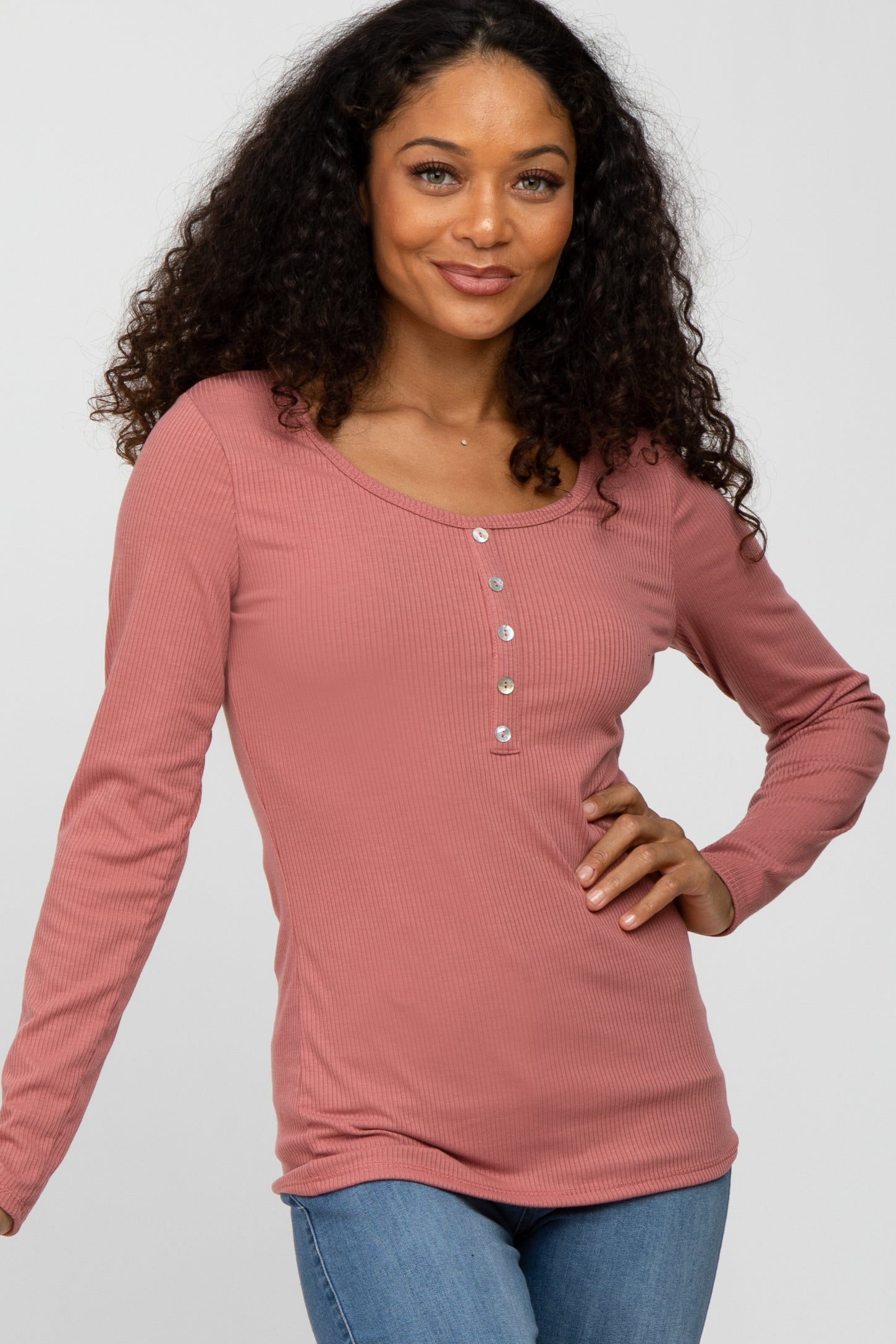 Mauve Ribbed Button Accent Maternity Top
