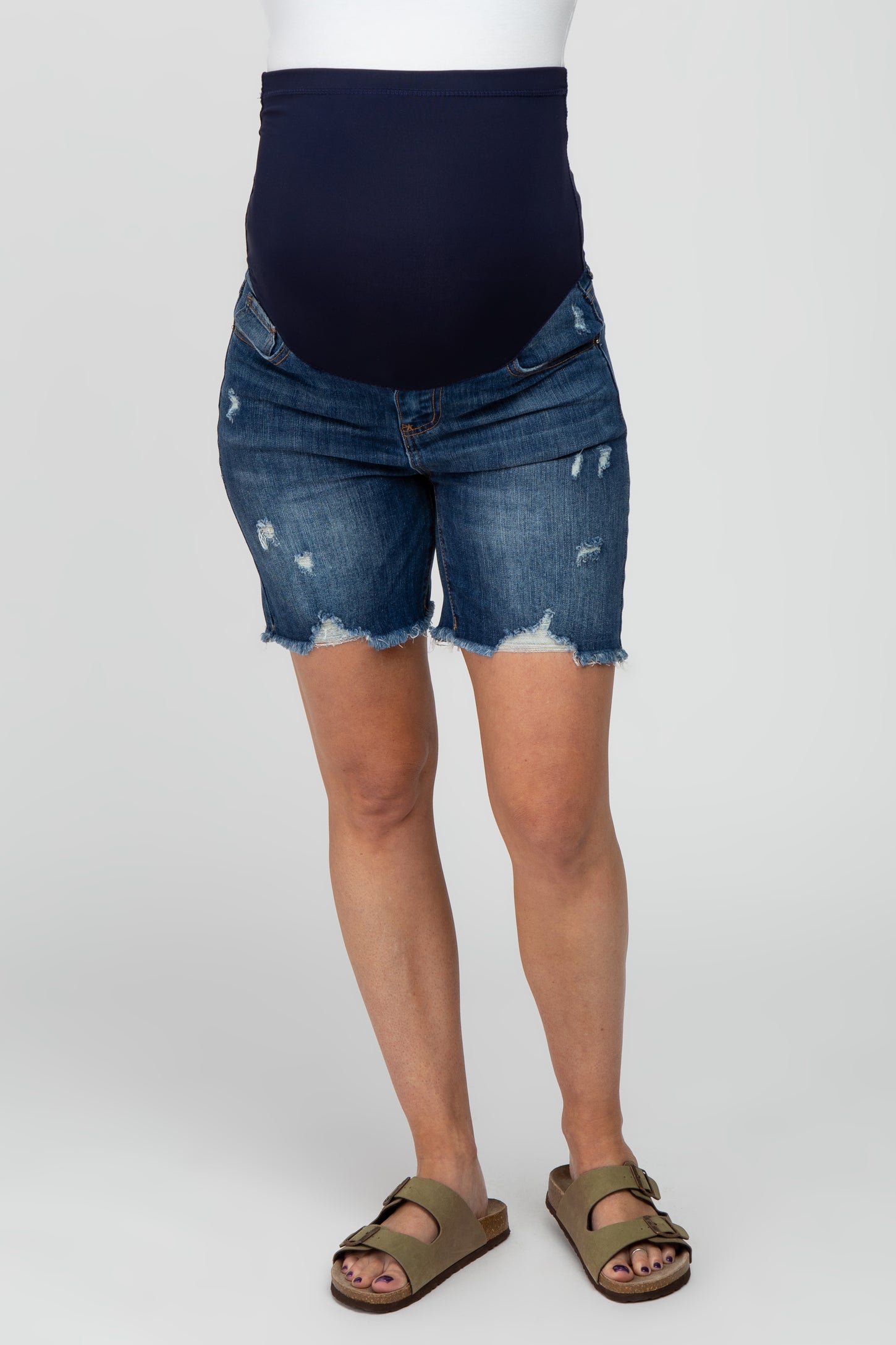 Navy Distressed Maternity Jean Shorts PinkBlush