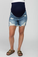 Blue Distressed Maternity Jean Shorts