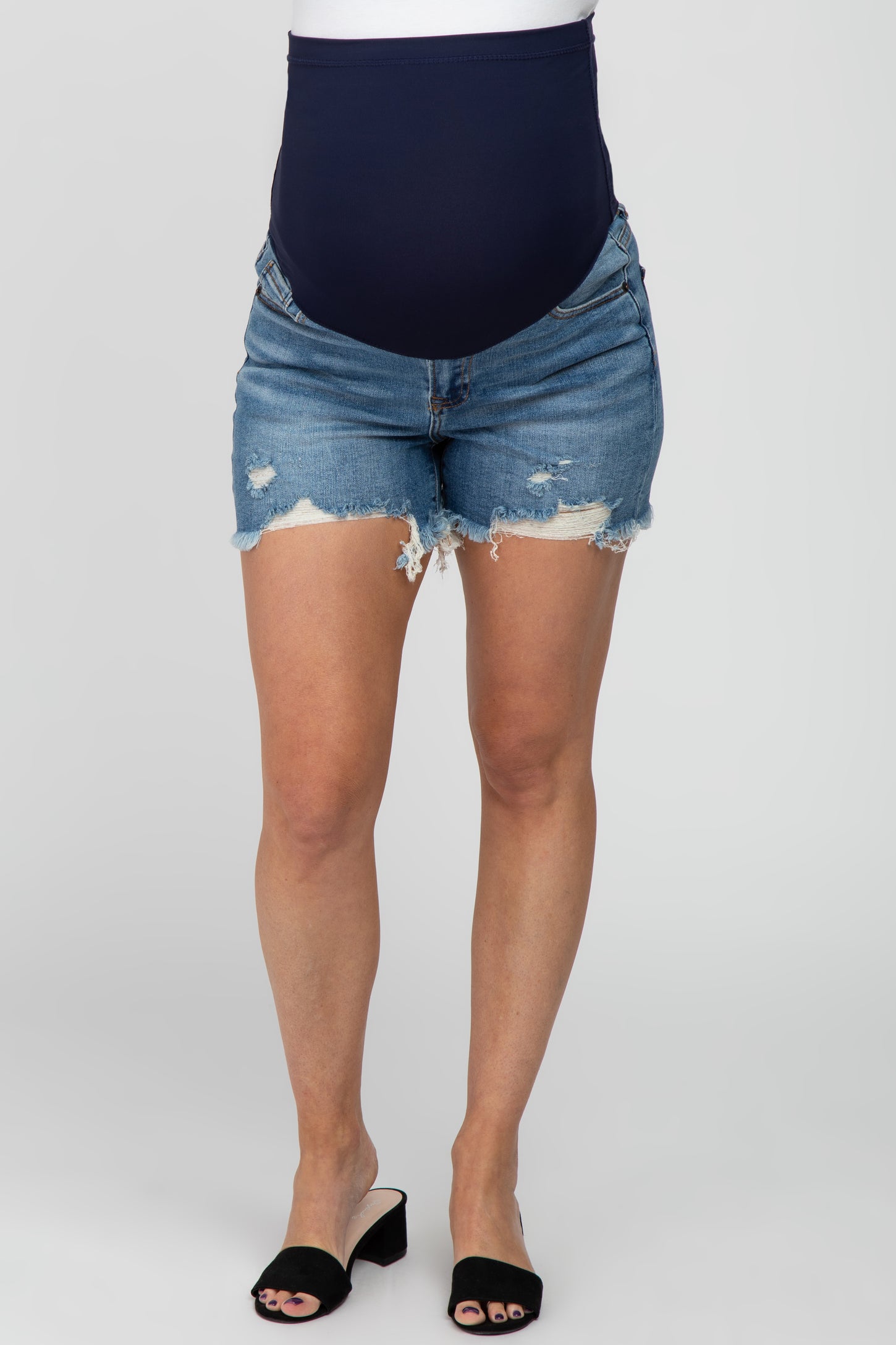 Blue Distressed Hem Maternity Jean Shorts