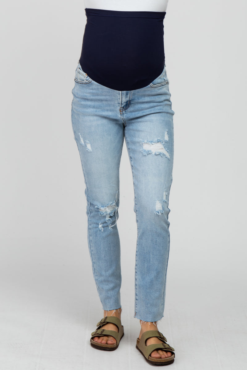Light Blue Distressed Raw Hem Maternity Skinny Jeans– PinkBlush