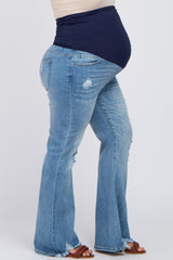 Blue Distressed Plus Maternity Flare Jeans