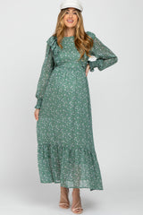 Green Ditsy Floral Ruffle Accent Maternity Maxi Dress