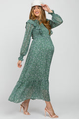 Green Ditsy Floral Ruffle Accent Maternity Maxi Dress
