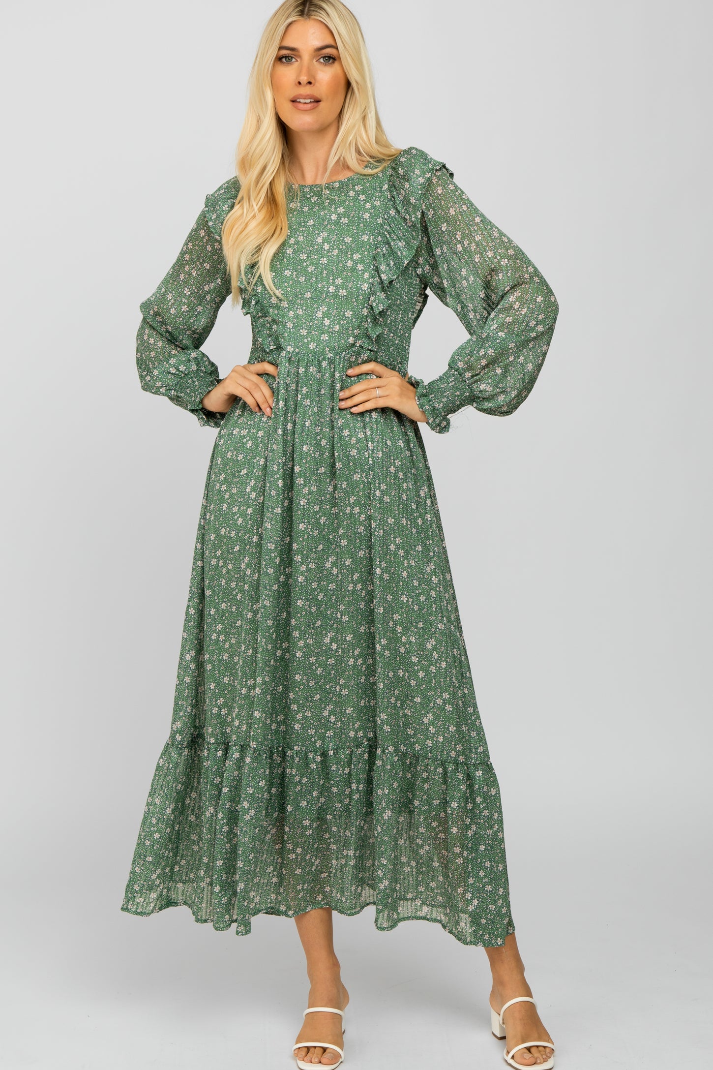 Green Ditsy Floral Ruffle Accent Maxi Dress PinkBlush Green Ditsy Floral Ruffle Accent Maxi Dress PinkBlush