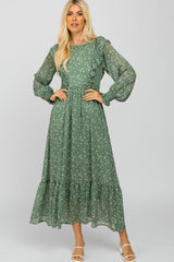 Green Ditsy Floral Ruffle Accent Maxi Dress