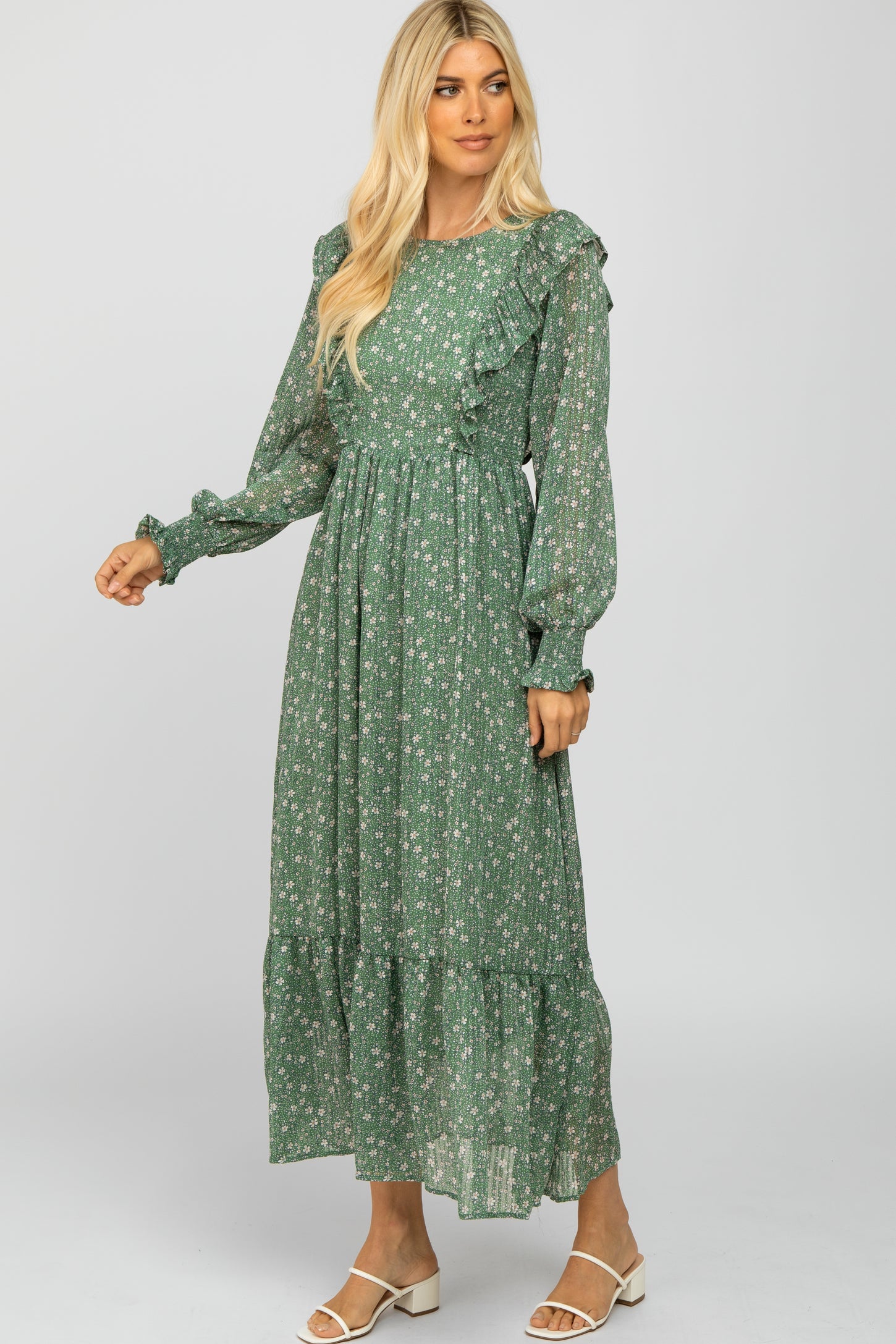 Green Ditsy Floral Ruffle Accent Maxi Dress