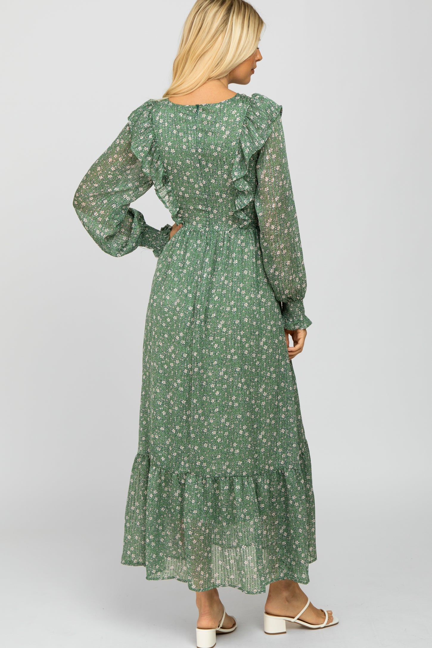 Green Ditsy Floral Ruffle Accent Maxi Dress PinkBlush Green Ditsy Floral Ruffle Accent Maxi Dress PinkBlush