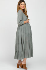 Light Olive Button Front Tiered Maternity Maxi Dress