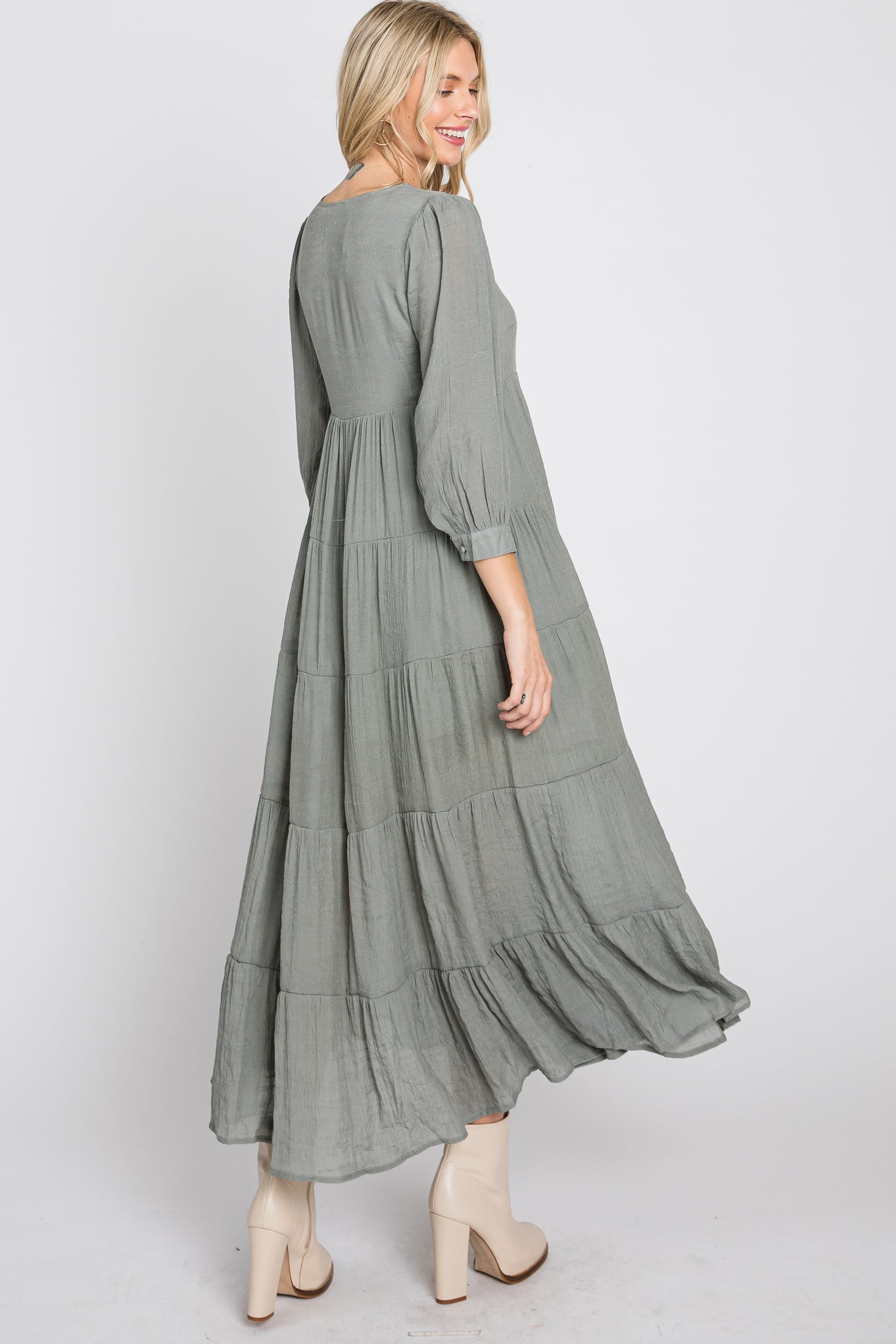 Light Olive Button Front Tiered Maxi Dress