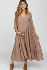 Mocha Button Front Tiered Maternity Maxi Dress