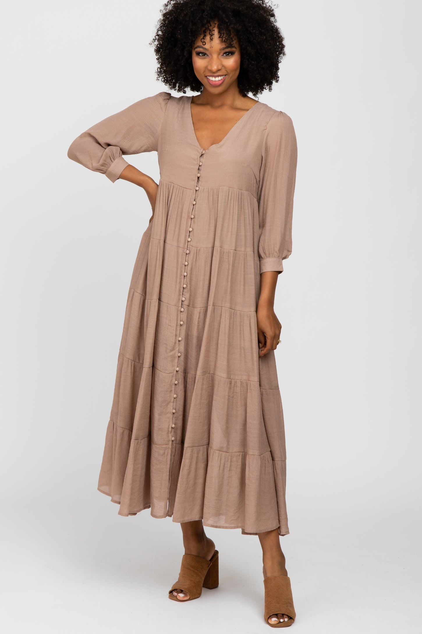 Mocha Button Front Tiered Maxi Dress