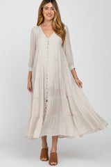 Ivory Button Front Tiered Maternity Maxi Dress