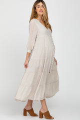 Ivory Button Front Tiered Maternity Maxi Dress