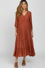 Rust Button Front Tiered Maternity Maxi Dress