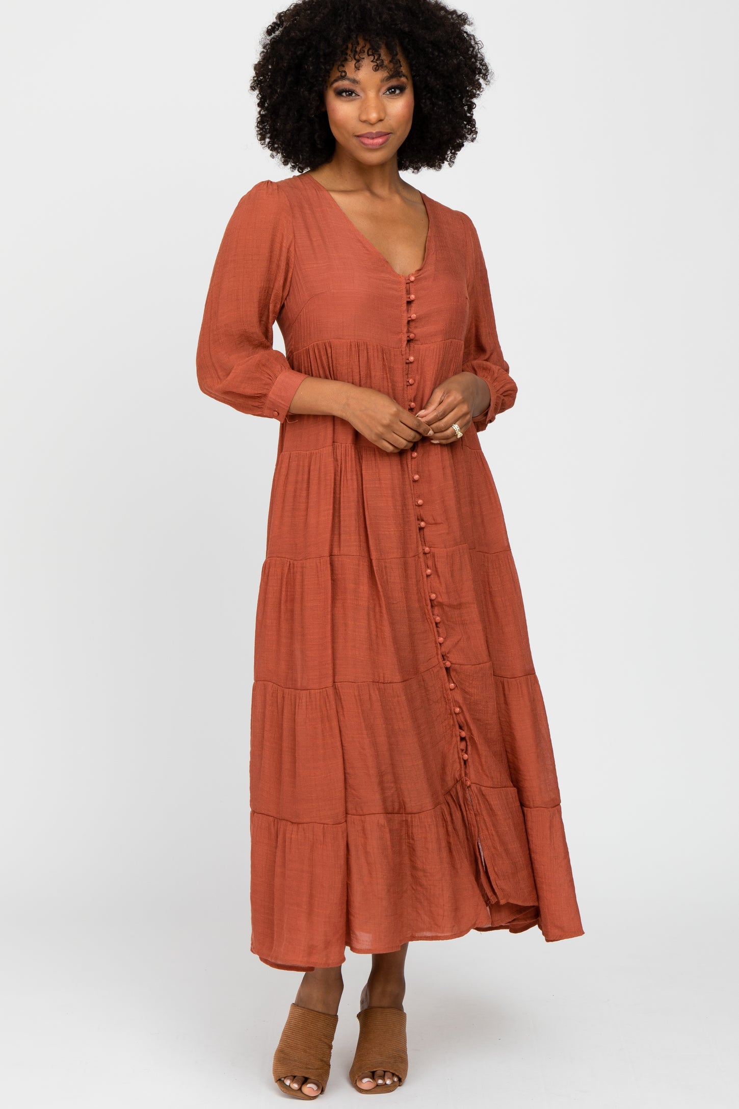 Rust Button Front Tiered Maxi Dress– PinkBlush