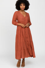 Rust Button Front Tiered Maternity Maxi Dress