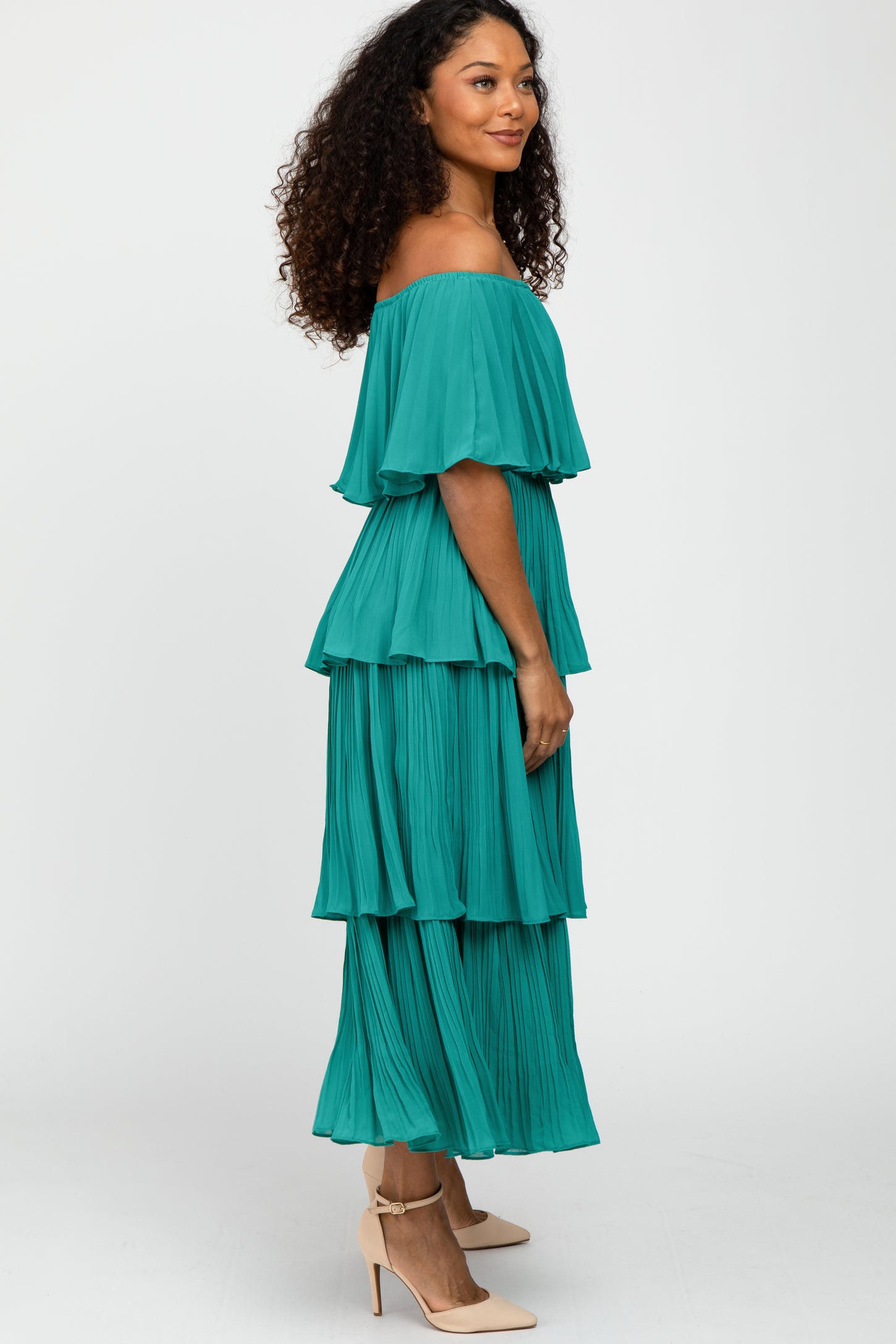 pleated frill midi dress Victoria V Neck Pleated Ruffle Midi Dress ~ Kelly Green Spoiled Rotten Boutique