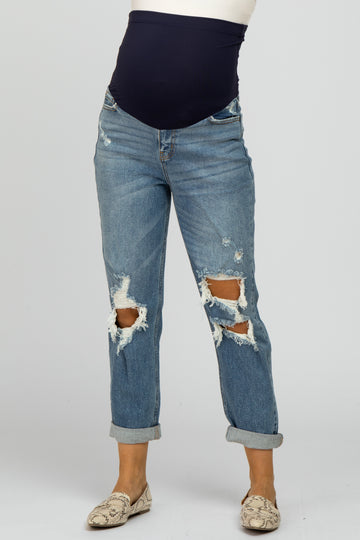 Blue Distressed Cuffed Maternity Jeans