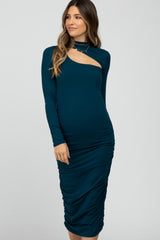 Teal Fitted Ruched Cutout Neckline Maternity Midi Dress