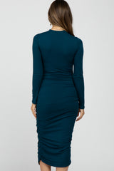 Teal Fitted Ruched Cutout Neckline Maternity Midi Dress